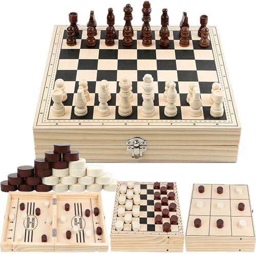 YUEMING Schachspiel, 4 in 1 Schachspiel und Dame Spiel Holzschachbrett, Faltbares Chess Board Set Tragbares Chess Set für Reise, Pädagogische Brettspiel für Kinder, Anfänger, Erwachsene von YUEMING