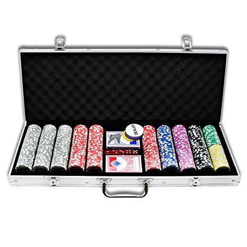YUENFONG Pokerkoffer Pokerset Silber mit 500 hochwertigen Laser Pokerchips, inkl. 2 Pokerdecks, 5 Würfel, 1 Dealer Button, 2 Schlüssel, für Party, Reise, Game von YUENFONG