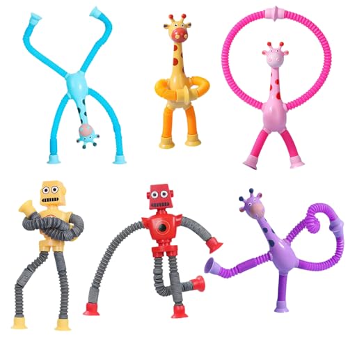 YUESIKJ 6 Pcs Teleskop Saugnapf Giraffe,Saugnapf Spielzeug Kinder Tiere,Spielzeug Roboter Pop Röhren Sensorik,Teleskop Tiere mit S-augnapf,Giraffe Pädagogisches Stress S-pielzeug von YUESIKJ