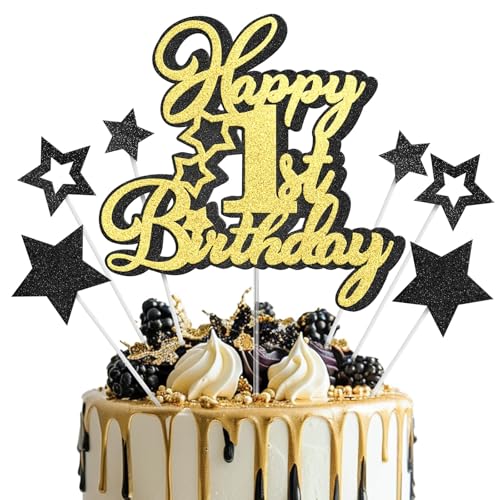 1.Geburtstag Tortendeko Happy 7 Stück Happy Birthday Cake Topper Glitzer 1. Geburtstagstorte Topper 1 Geburtstag Tortendeko Tortendeko 1. Geburtstag für Baby Shower Geburtstag (Schwarzes Gold) von YUEXNKO