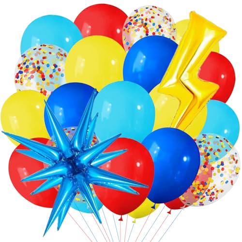 Luftballons Rot Gelb Blau, 27pcs Ballons Dunkelblau Rot Gelb Konfetti, Rot Blau Gelb Party Luftballons, Explosions Stern, Blitz Folienballon, Rot Gelb Blau Latexballons von YUEXNKO