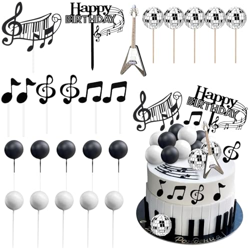 Guitar Tortendeko, Musiknoten Cupcake Topper, Musik Cake Toppers, Musik Happy Birthday Tortendeko, Glitzer Musik Cupcake Topper, Musik Party Kuchen Dekoration, für Musiker Rock Party von YUEXNKO