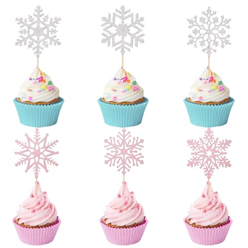 Schneeflocke Cupcake Toppers, 24 Stück Weihnachten Schneeflocke Kuchendekoration, Schneeflocke Geburtstag Cupcake Topper, Schneeflocke Cake Toppers, Schneeflocke Torten Deko(A) von YUEXNKO