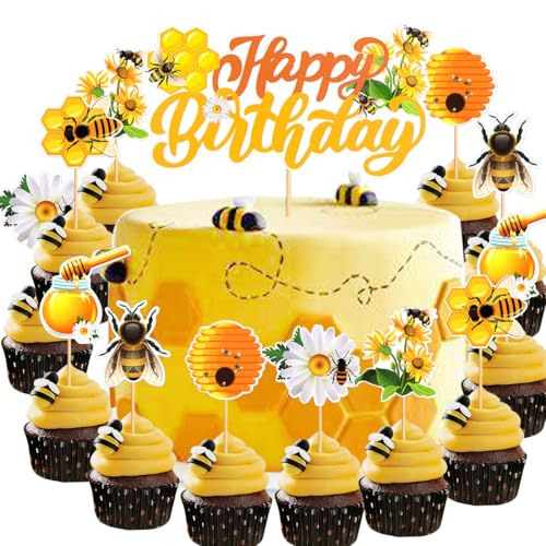 Bee Happy Birthday Tortenaufsatz, 13 Stück Bee Kuchen Deko Geburtstag, Biene Geburtstag Cupcake Toppers für Kuchen DIY Deko für Geburtstagsparty Kuchen Dekoration von YUEcthynous