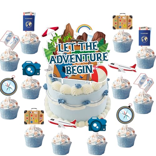 Flugzeuge Happy Birthday Cake Topper,13 Stück Reisen thematische Cupcake Topper,Flugzeug Karte Kamera Koffer Kuchen Dekorationen für Abenteuer Thema Baby Dusche Geburtstag Party Kuchen Dekoration von YUEcthynous