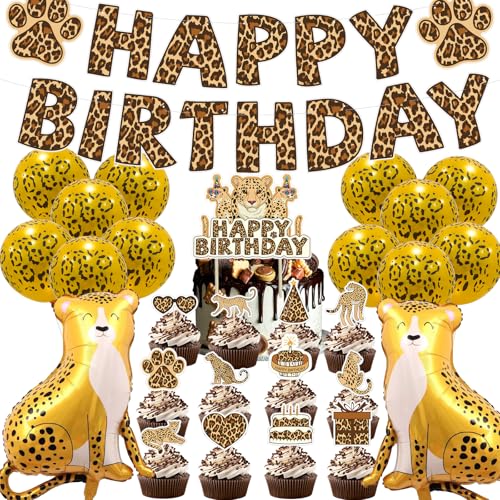 Geparden-Geburtstagsdekorationen,28 Stücke Leopard Party Dekoration,Gepard Geburtstagsdekorationen,Luftballons Kuchen Topper Cupcake Banner Geeignet für Tier Thema Babydusche Geburtstagsfeiern von YUEcthynous