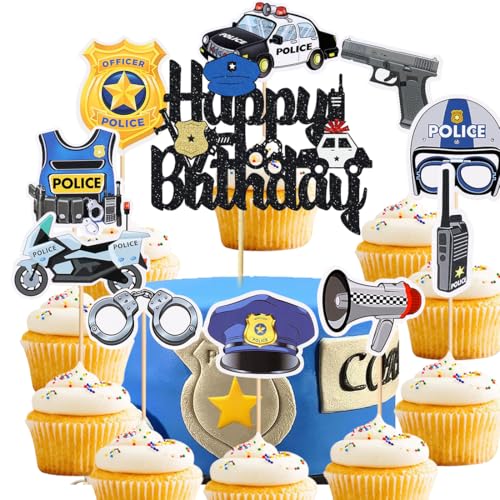 Polizei Cupcake Toppers,Polizist Handpistole und Handschellen Kuchen Deko Polizeiwagen Polizei Emblem Tortendeko für Polizei Thema Kinder Geburtstag Party Torten Dekoration von YUEcthynous
