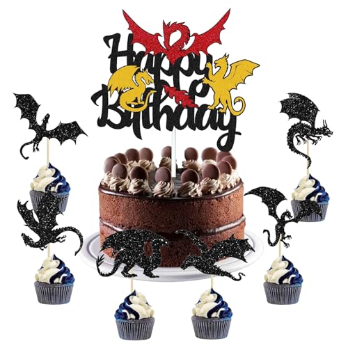 YUEcthynous Drachen Cupcake Topper,13 Stück Schwarzer Glitzer-Cupcake-Picks für Cupcake-Aufsätze mit Drachen-Motiv,für Dinosure Kinder Geburtstag Baby Shower Party Dekorationen Zubehör YUEcthynous Drachen Cupcake Topper,13 Stück Schwarzer Glitzer-Cupcake-Picks für Cupcake-Aufsätze mit Drachen-Motiv,für Dinosure Kinder Geburtstag Baby Shower Party Dekorationen Zubehör von YUEcthynous