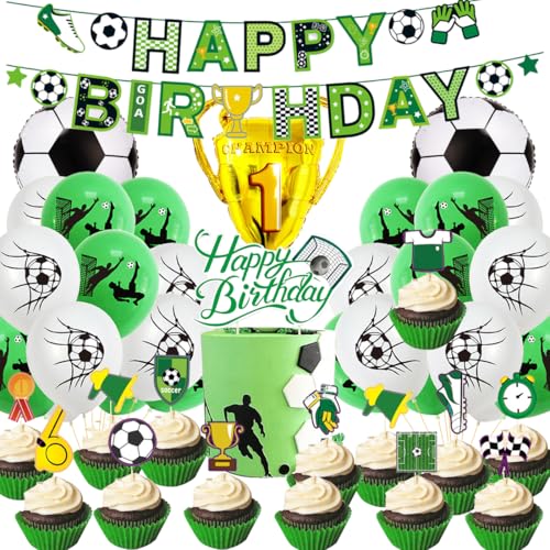 YUEcthynous Fußball Party Ballon Cupcake Toppers Set | mit neuen Trophäe Ballon Banner Tortendekoration | Kinder Fußball Geburtstag Party Dekoration Zubehör Feier Eltern und Fans Essentials von YUEcthynous