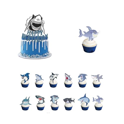 YUEcthynous Haifisch Cake Topper Tortendeko 13 Stück Ozean Thema Torten Dekoration Hai Geburtstag Deko Hai Kuchenaufsätze Muffin Deko Torte Happy Birthday Kindergeburtstag Deko Baby Shower von YUEcthynous