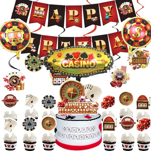 YUEcthynous Poker Party Dekoration 23 Stück Casino Party Dekoration Banner Kuchen Dekoration Hängende Spinning Casino Dekoration Aluminiumfolie Ballon Geburtstag Poker Thema Dekoration von YUEcthynous