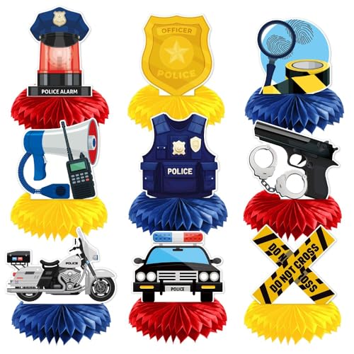 YUEcthynous Polizei Birthday Honeycomb Tischdeko,9Stk Polizeigeburtstagsfeier Dekorationen,Polizei Thema,Kinderzentrum Desktop Jungen Mädchen Geburtstag Dekorationsartikel,Verkehrsmittel Dekoration von YUEcthynous
