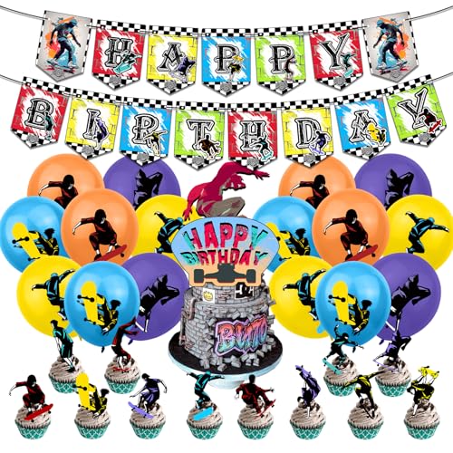 YUEcthynous Skateboard Geburtstagsdekoration,30 Stück Skateboard Party Zubehör einschließlich Banner,Cake Toppers,Happy Birthday Party Dekoration,Luftballon für Kinder Extremsport von YUEcthynous