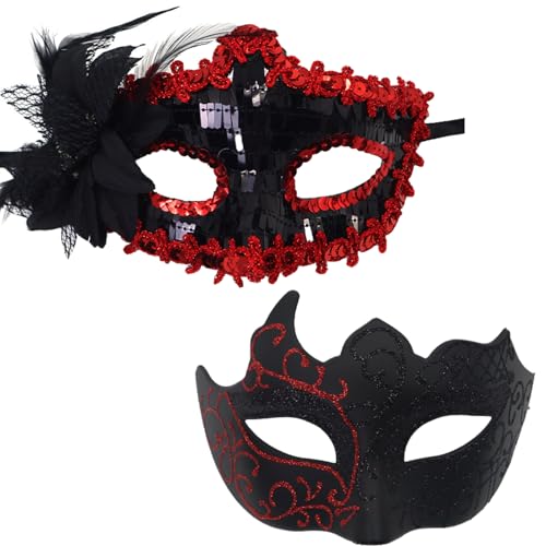 YUEcthynous Venezianische Maske,2 Stück Masquerade Mask Herren Damen,Karneval Maskenball Glänzend Venedig Maskeball für Kostüm Zubehör für Halloween Verkleidung für Karneval Party(Rot) von YUEcthynous