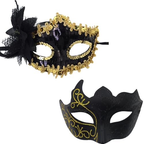 YUEcthynous Venezianische Maske Set,Maskerade Venezianische Maske Herren/Frauen Geheimnisvoll Maskenball Mode Party für Halloween Karneval Party Kostüm (Goldene) von YUEcthynous
