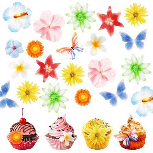 YUFFQOPC 60 Stück Essbare Blumen Für Torte, Essbare Tortendeko Blumen Schmetterling, Bunt Blume Cupcake Topper Esspapier Für Hochzeit Geburtstag Jubiläum Party von YUFFQOPC