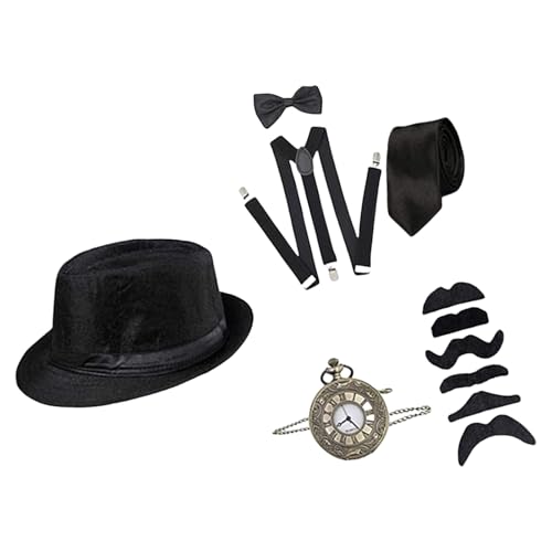 YUGSHNKFC 1920er-Jahre-Kostüm, brüllendes 20er-Jahre-Kostüm, Outfit mit 20er-Jahre-Fedoras-Hut, Taschenuhr, Hosenträgern, vorgebundene Fliege, Bart YUGSHNKFC 1920er-Jahre-Kostüm, brüllendes 20er-Jahre-Kostüm, Outfit mit 20er-Jahre-Fedoras-Hut, Taschenuhr, Hosenträgern, vorgebundene Fliege, Bart von YUGSHNKFC