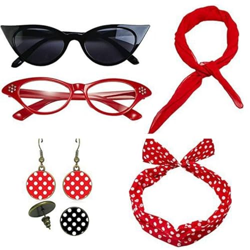 YUGSHNKFC 1950er Jahre Damen Kostümzubehör Set Polkas Punkte Haarzubehör Ohrringe Schalkatzen Augenbrillen Bandana Krawatte Für Party von YUGSHNKFC