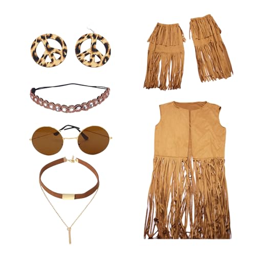 YUGSHNKFC 1960er Jahre 1970er Jahre Outfits Damen Hippie-Kostüm Kleidung Set Frau 1970er Jahre Cowgirl-Kostüm Fransen Hippie Weste Top Sonnenbrille Ohrring von YUGSHNKFC