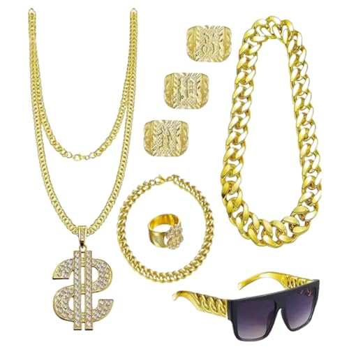 YUGSHNKFC 80er 90er Outfits Hip Hop Kostüm Kits Rapper Accessoires Sonnenbrille Goldkettenringe Für Halloween Cosplay Party Decors von YUGSHNKFC