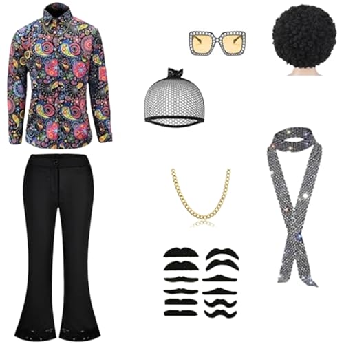 YUGSHNKFC 8pcs 50s 60s 70er 80er Jahre Herren Disco Kostüm Set Disco Outfits Glocken Bottom Hosen Hemd Perücken Halskette Schnurrbart Sonnenbrille YUGSHNKFC 8pcs 50s 60s 70er 80er Jahre Herren Disco Kostüm Set Disco Outfits Glocken Bottom Hosen Hemd Perücken Halskette Schnurrbart Sonnenbrille von YUGSHNKFC