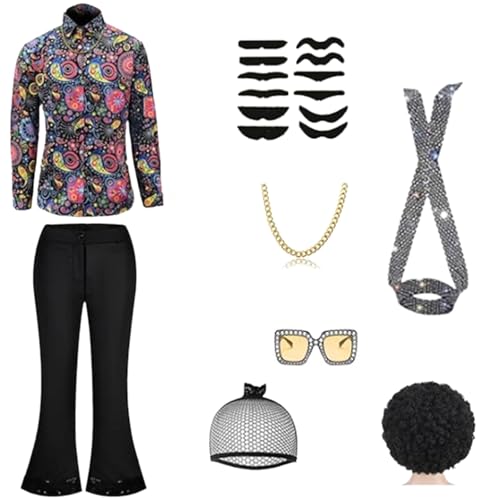YUGSHNKFC 8pcs 50s 60s 70er 80er Jahre Herren Disco Kostüm Set Disco Outfits Glocken Bottom Hosen Hemd Perücken Halskette Schnurrbart Sonnenbrille YUGSHNKFC 8pcs 50s 60s 70er 80er Jahre Herren Disco Kostüm Set Disco Outfits Glocken Bottom Hosen Hemd Perücken Halskette Schnurrbart Sonnenbrille von YUGSHNKFC
