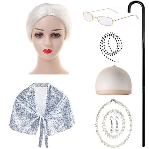 YUGSHNKFC 9-teiliges Kinder-Kostüm-Set für Oma, alte Dame, mit Schal, Brille, Halskette, Ohrringen, Walking Sick von YUGSHNKFC