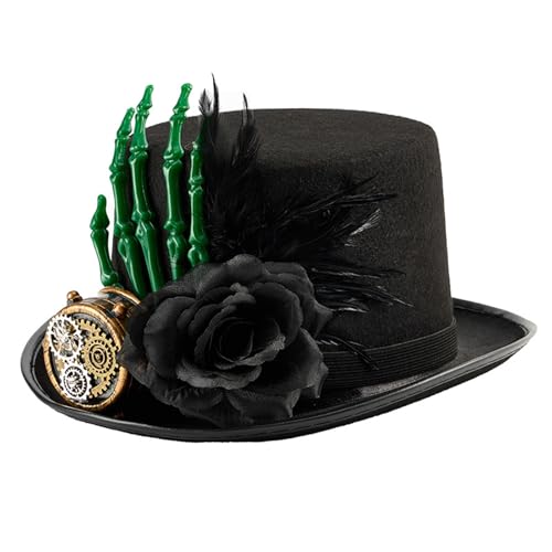 YUGSHNKFC Eleganter Wollhut mit dunkler Blume, gefiedert, für Halloween, Cosplay-Partys, viktorianische Brille, Kopfschmuck, Skelett, Handhut von YUGSHNKFC