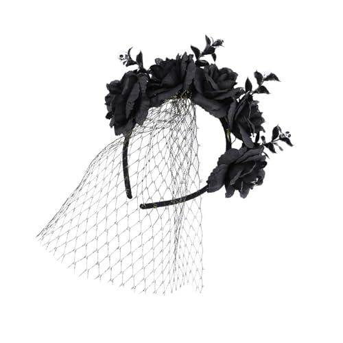 YUGSHNKFC Halloween-Kopfschmuck mit Rosenblüten und Tüll, verstellbare Größe, Haarband, Feste, Party, Kostüm, Zubehör für Frauen, Halloween-Themenkopfteile von YUGSHNKFC