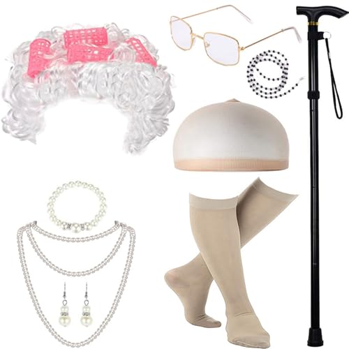 YUGSHNKFC Halloween Kostüm Set Old Lady Kostüm Outfit Perücke Brille Und Perlenhalskette Requisiten Für Mädchen von YUGSHNKFC