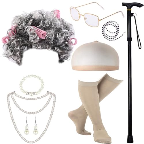 YUGSHNKFC Halloween Kostüm Set Old Lady Kostüm Outfit Perücke Brille Und Perlenhalskette Requisiten Für Mädchen von YUGSHNKFC