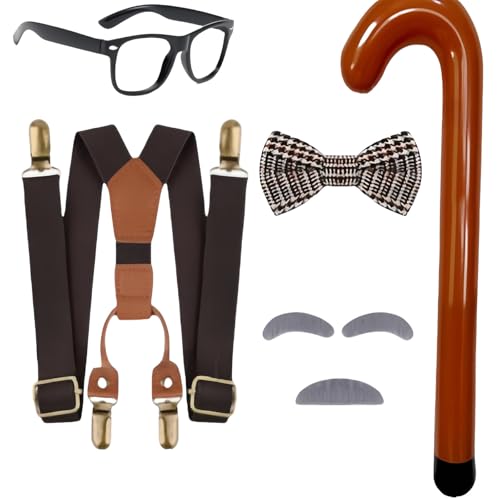 YUGSHNKFC Kinder Opa Cosplay Kostüm Halloween Old Man Outfit Mit Bart Augenbrauen Bowtie Brillen Hosenträger Spielzeugstock Für Jungen von YUGSHNKFC