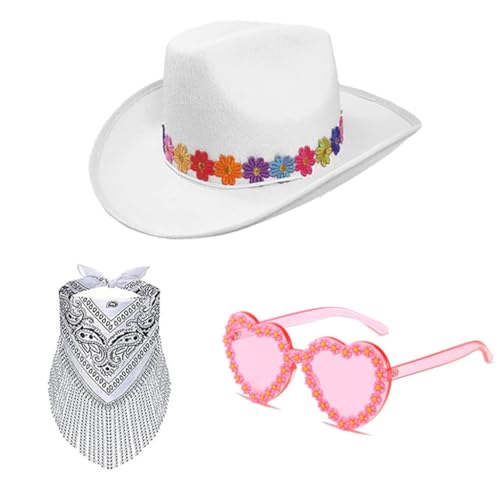YUGSHNKFC Panamahut, Bandana, Sonnenbrille, Set mit Blume, Überraschung, für Mädchen, Jungen, Braut, Hut für Karneval, Musikfestival von YUGSHNKFC
