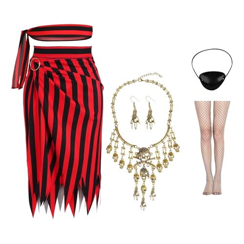 YUGSHNKFC Piratenkostüm Set Beinhaltet Kleiderpiraten Kopftuch Augenflecken Halskette Ohrringe Strumpf Für Frauen Halloween Cosplay von YUGSHNKFC