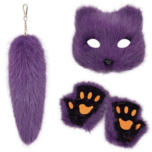 YUGSHNKFC Praktische Halloween-Ensembles für Damen mit realistischen Füchsen, Gesichtsbedeckungen, Komforthandschuhen und Schwanz, Schlüsselanhänger von YUGSHNKFC