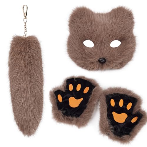 YUGSHNKFC Praktische Halloween-Ensembles für Damen mit realistischen Füchsen, Gesichtsbedeckungen, Komforthandschuhen und Schwanz, Schlüsselanhänger von YUGSHNKFC