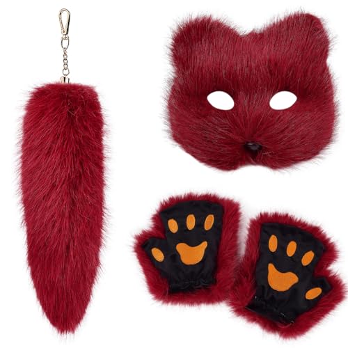 YUGSHNKFC Praktische Halloween-Ensembles für Damen mit realistischen Füchsen, Gesichtsbedeckungen, Komforthandschuhen und Schwanz, Schlüsselanhänger von YUGSHNKFC