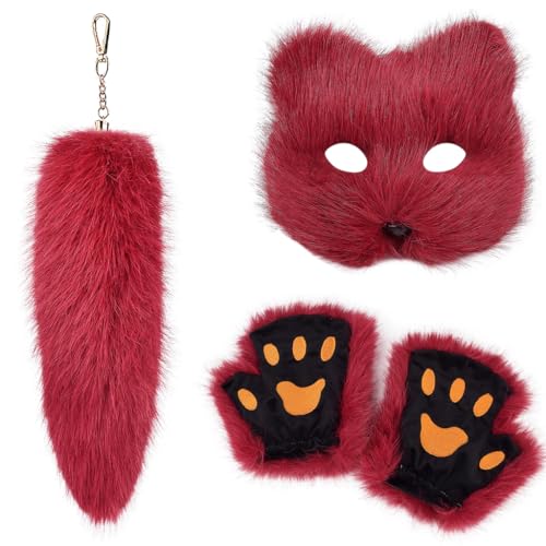 YUGSHNKFC Praktische Halloween-Ensembles für Damen mit realistischen Füchsen, Gesichtsbedeckungen, Komforthandschuhen und Schwanz, Schlüsselanhänger von YUGSHNKFC