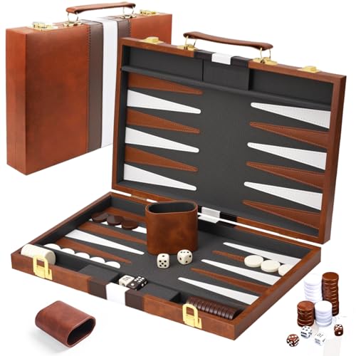 Backgammon Set Klassisches Backgammon-Set für 2 Spieler Brettspiel mit Kunstlederkoffer Tragbares und reisefreundliches (18 Zoll, Braun) von YUJUVI