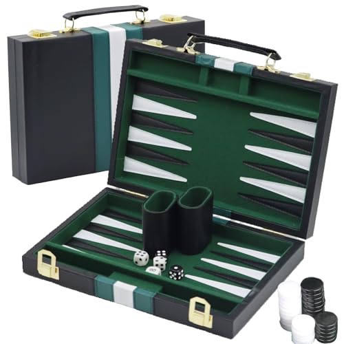 YUJUVI Backgammon Set Koffer für 2 Spieler Klassisches t 11 Zoll Brettspiel mit Hochwertiger Ledertasche Tragbares und Reise Backgammon-Set (11 Zoll, Schwarz) von YUJUVI