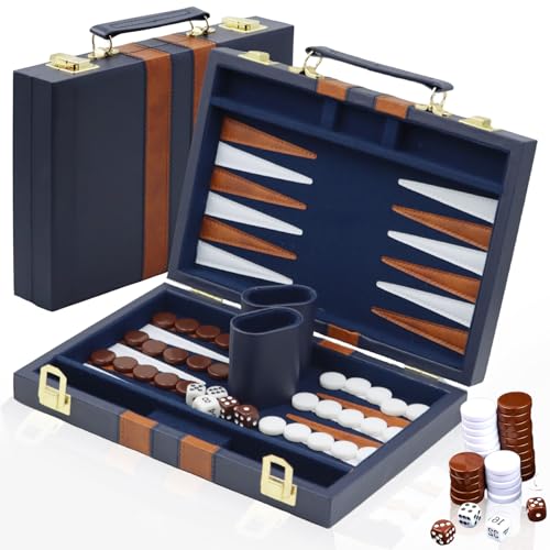 YUJUVI Backgammon Set Koffer für 2 Spieler Klassisches t 11 Zoll Brettspiel mit Hochwertiger Ledertasche Tragbares und Reise Backgammon-Set (11 Zoll, Marineblau) von YUJUVI