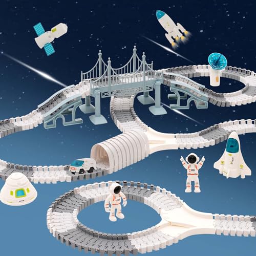Spaceshuttle Autorennbahn Rennbahn Track für Kinder, Weltraum Autorennbahn Spielzeug mit 2 Astronauten, 336pcs Rennbahn Spielzeugset für Kinder mit 3 Raumfahrzeug, Kinderauto Geschenk von YULEYU