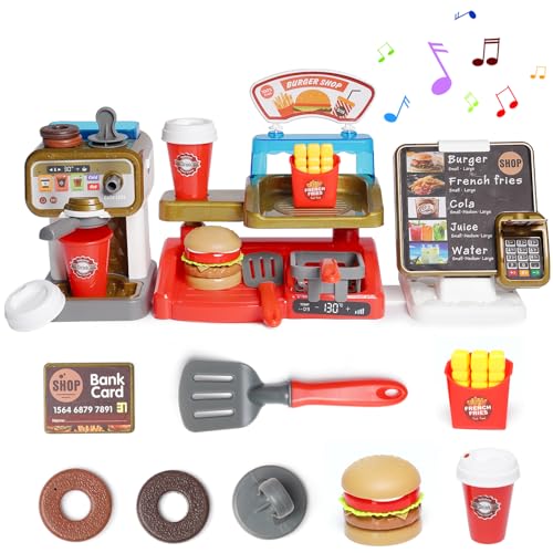 Kaffeemaschine Kinder, Pretend Role Play Burger Shop Registrierkasse mit Sound, Kinder Küche Rollenspiel Pretend Play Sets Küchengeräte Spielzeug für Jungen Mädchen von YULEYU