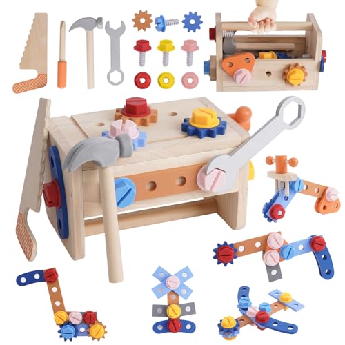 Werkzeugkoffer Kinder Holzspielzeug, 38 Stück Montessori Farbige Holzwerkzeuge ab 2 3 4 Jahre, Hands on Werkzeugtisch, Pädagogisches Rollenspiel Holzspielzeug, Geschenke für Kinder von YULEYU