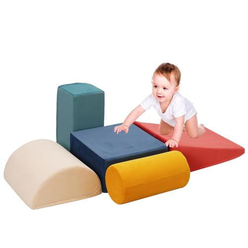 YULEYU Schaumstoff Bausteine Kinder Klettern Indoor, 5 STK Softbausteine Riesenbausteine Spielbausteine, Weiche Bausteine Baby Montessori Großbausteine Kletterspielzeug, Mehrfarbig von YULEYU