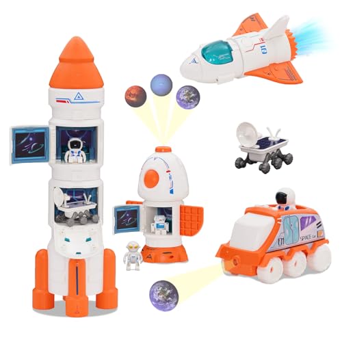 YULEYU Raketen Spielzeug für Kinder, Space Shuttle Modell mit Astronautenfiguren, Raumschiff Spielzeug für Jungen und Mädchen, Astronauten-Erkundungsspielset (Orange) von YULEYU