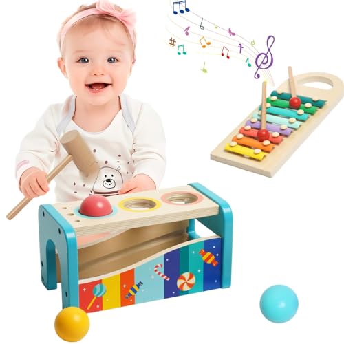 YULEYU Xylophon und Hammerspiel Holzspielzeug, Montessori Baby Schlagzeug Spielzeug, Multifunktional Musikspielzeug, Geburtstagsgeschenk fur Kinder von YULEYU