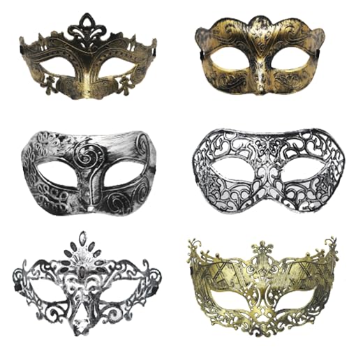 YULIAO 6 Stück Vintage Antike Masken, Maskerade Karneval Party Maske, Venezianische Maskerade Maske, Retro Maskerade Maske, para Mascarada, Carnaval, Halloween (Silber + Gold) von YULIAO