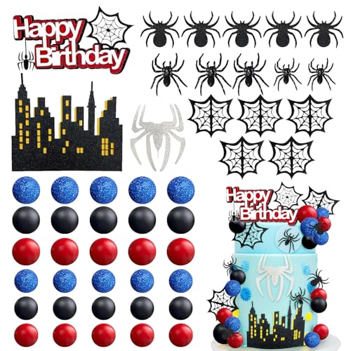 48 Stück Spinnen Tortendeko, Spider Cake Topper, Tortendeko Kugel, Halloween Spinne, DIY Geburtstag Kuchen Dekoration, für Jungen Männer Geburtstag Babyparty Spinnen Mottopartys von YULONGWU