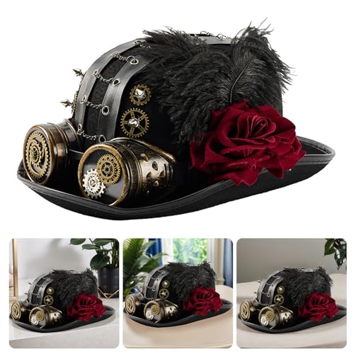 YUNGLOO Unisex Punk Jazzy-Hut mit industrieller Zahnradkette und Brille, dunkle Rose, Blume für Cosplay und Themenveranstaltungen, Gothic, Halloween, Hut mit Brille YUNGLOO Unisex Punk Jazzy-Hut mit industrieller Zahnradkette und Brille, dunkle Rose, Blume für Cosplay und Themenveranstaltungen, Gothic, Halloween, Hut mit Brille von YUNGLOO